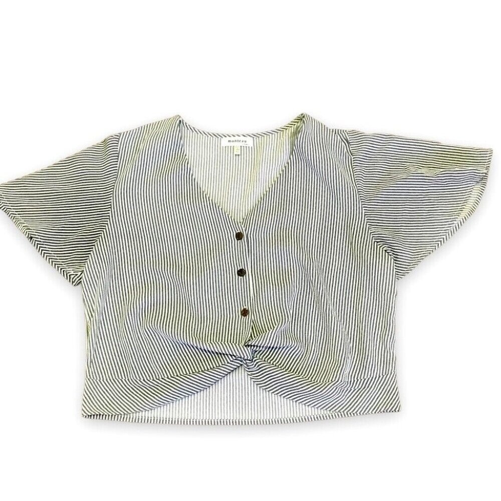 Monteau Los Angeles Striped Flutter Sleeve Boxy Twist‎ Front Crop Top. Size XL
